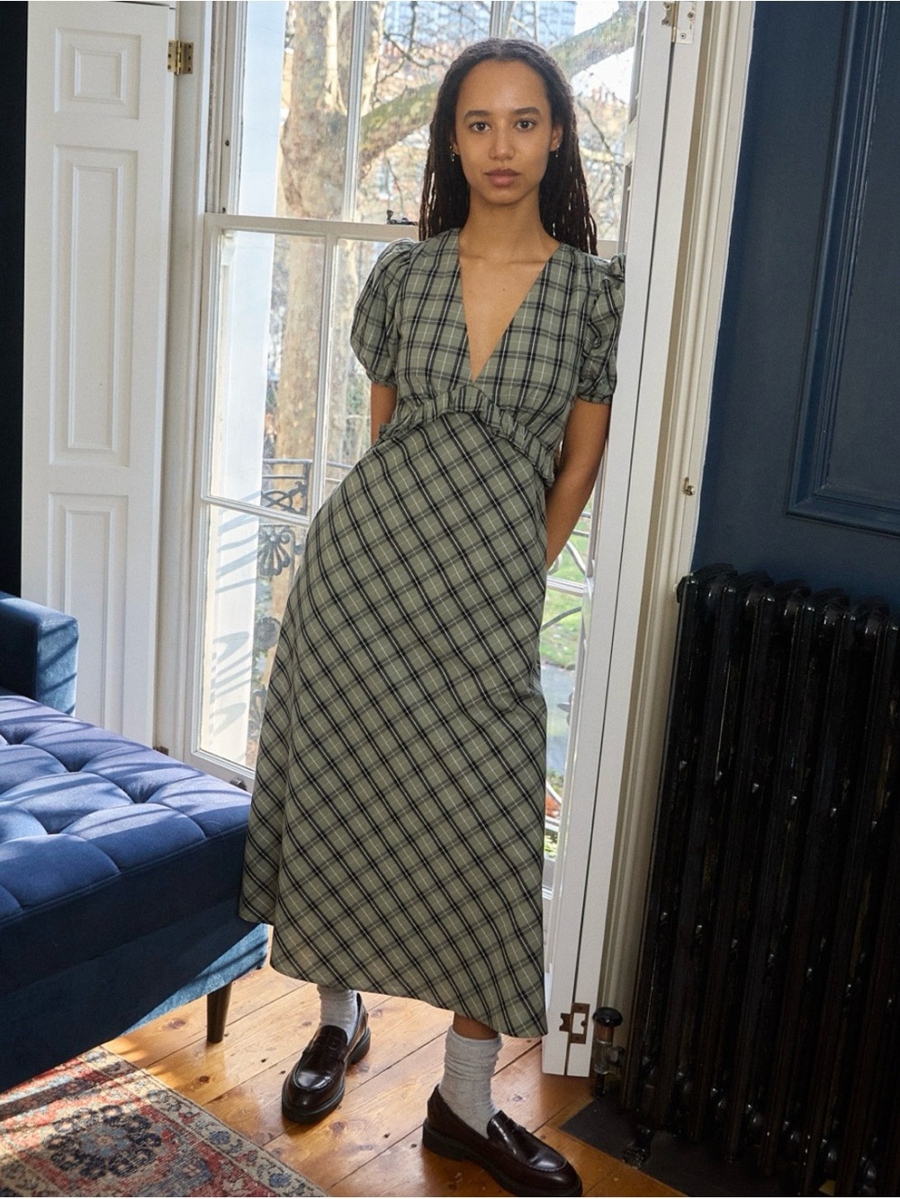 Lisa Says Gah Olive and Black Plaid V-Neck Midi Dress
